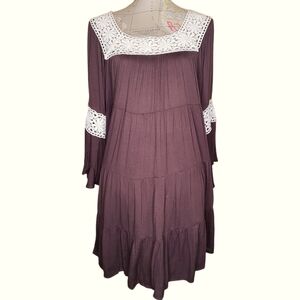 CACTUS Size Large Brown Prairie Squareneck Ruffled Midi Dress Cream Crochet Lace